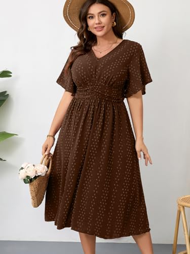 RWJ Women's Plus Size Maxi Dress V Neck Short Sleeve Swiss Dot Swing Summer - color: Chocolate Brown, size: Large Plus