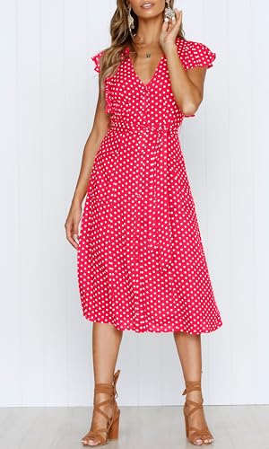 MITILLY Women's Boho Polka Dot Flutter Short Sleeve V Neck Button Down Swing Midi Dress with Pockets - color: 11 Rose, size: Large