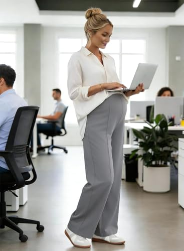 BLENCOT Women's Maternity Pants Work Adjustable Waisted Wide Leg Waffle Knit Trousers Pregnancy Clothes with Pockets - color: Grey, size: Small