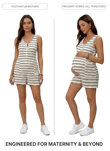 BLENCOT Maternity and Postpartum Romper for Women Button Down Striped Sleeveless V Neck Loose Jumpsuit with Pockets - color: White Stripe, size: Large