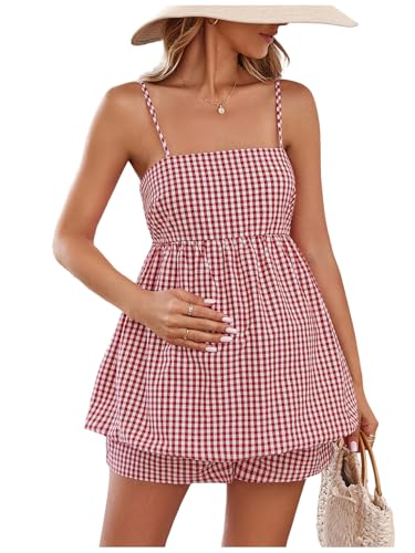 SweatyRocks Women Maternity 2 Piece Outfits Gingham Cami Top Shorts Sets - color: Red and White, size: X-Small