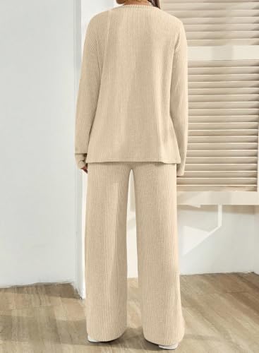 BLENCOT Maternity Lounge Set 2 Piece Long Sleeve Top and Pants with Pockets - color: Beige, size: Medium