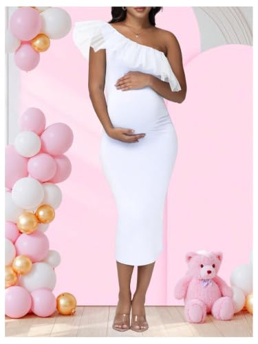 OYOANGLE Women's Maternity Ruffle One Shoulder Dress Bodycon Midi Dresses - color: White, size: X-Large