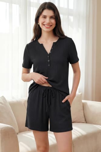 OUGES Women's 100% Soft Cotton Maternity Pajamas Sets Short Sleeve Pregnancy Postpartum 2 Piece Outfits Sleepwear - color: Black, size: Medium