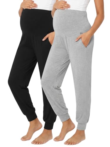 Summer Mae Viscose Maternity Jogger Pants Pregnancy Lounge Pant with Pocket - color: Black/Light Grey, size: Large