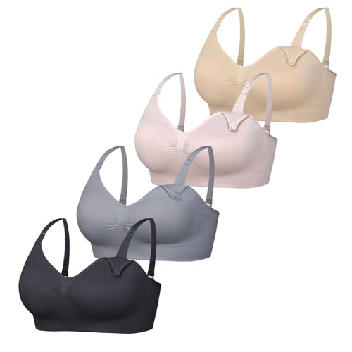 Womens Seamless Breastfeeding Nursing Bra Maternity Bralette 4 Pack - color: Black/Skin/Pink/Gray, size: Medium