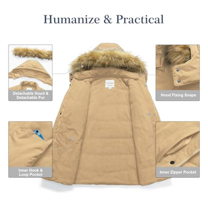 Chrisuno Women's Plus Size Winter Coat Waterproof Long Puffer Jacket Warm Thicken Parka with Removable Fur Hood - color: Khaki, size: 3X