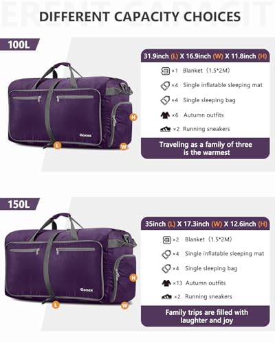 Gonex 80L Foldable Travel Duffle Bag with Shoe Compartment, Lightweight - color: Purple, size: 80L