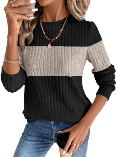 OFEEFAN Womens Sweaters Crew Neck Tunic Tops Long Sleeve Shirts Curved Hem - color: Black Beige, size: 3X-Large