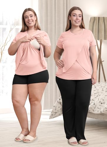 Rnxrbb 3 Piece Postpartum Nursing Pajamas Set Maternity Breastfeeding Pjs - color: 1-light Pink Black, size: Large