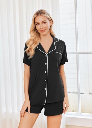 Ekouaer Womens Pajamas Set 2 Pack Button Down Summer Short Sleeve Pjs S-XXL - color: Black/White, size: Medium