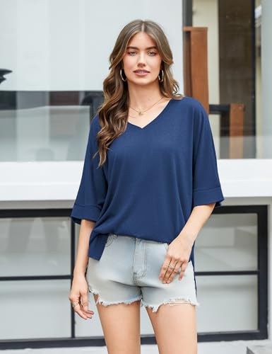 Totatuit Womens Oversized T Shirts Short Sleeve V Neck Basic Tees Tops - color: Navy Blue, size: Large