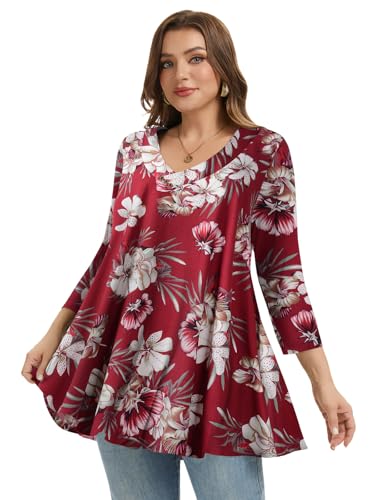 LARACE Plus Size Tunic Womens 3/4 Sleeve Tops V Neck Swing Loose Blouses - color: A-wine Red18, size: 5X