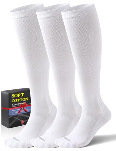 Soft Cotton Compression Socks for Women & Men 20-30 mmHg - Knee High Support Socks with Thick Sole and Seamless Toe - color: 3 Pairs - White, size: Small-Medium