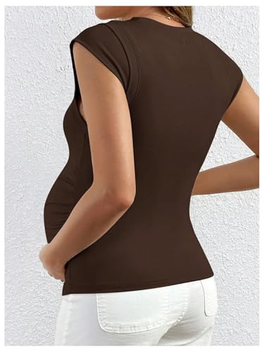 MakeMeChic Women's Maternity Shirts Summer Crew Neck Ruched Sleeveless Fitted Pregnancy Tops - size: Medium