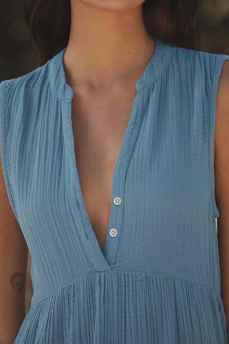 R.Vivimos Womens Summer Cotton Button V Neck Maxi Dress - color: Blue, size: Medium