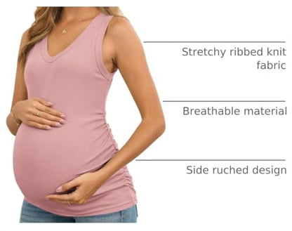 FMEYOA Maternity Tank Tops V Neck Ribbed Knit Sleeveless Maternity Shirts - color: Light Pink, size: Small