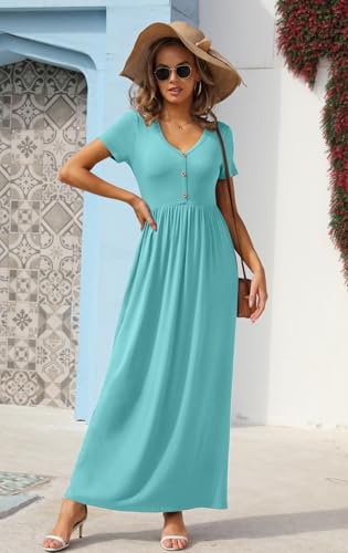 GRECERELLE Womens Summer Long Maxi Dresses 2026 Short Sleeve V Neck Casual Button Dress with Pockets - color: Cyan, size: Medium