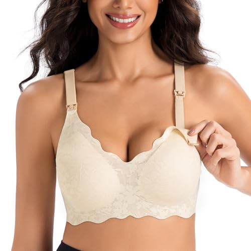 Lace Nursing Bras for Breastfeeding, Wireless Maternity Bra - color: Beige/White, size: Large