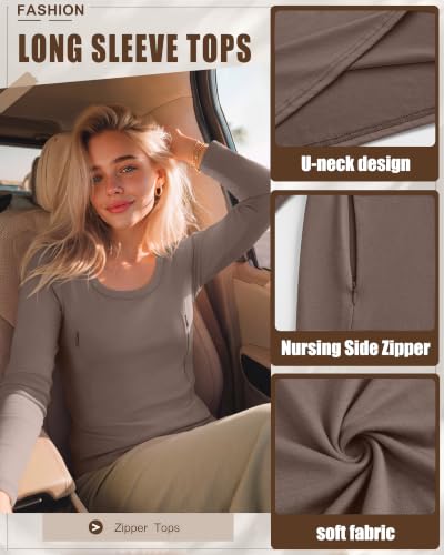 3 Pack Women's Long Sleeve Nursing Tops - color: Coffee, Apricot, Black, size: Small