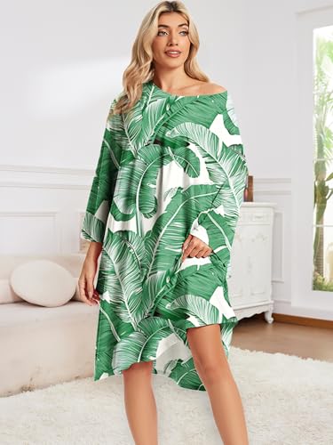 CRIPOM Plus Size Moo Moos for Women Oversized Sleep Shirts with Pockets - color: Green Leaves