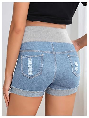 BEAUDRM Women's Maternity Adjustable High Waist Denim Mini Shorts - color: Light Wash a, size: Small