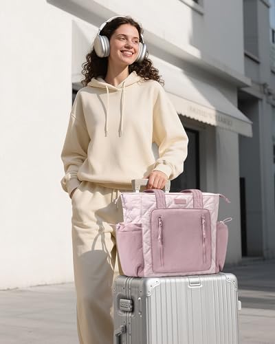 Bagstellar Puffer Tote Bag for Women, Lightweight Puffy Work Laptop Handbag - color: Pink