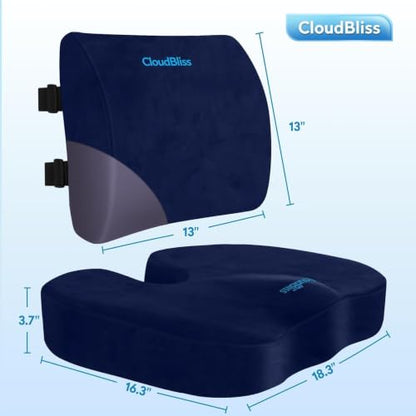 CloudBliss Ergonomic Seat Cushion & Lumbar Support Pillow Set, Blue, XL - color: Blue, size: X-Large