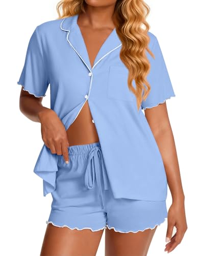 Ekouaer Womens Pajama Sets Bamboo Viscose Button Up Pjs 2 Piece Lounge Set - color: Blue, size: X-Large
