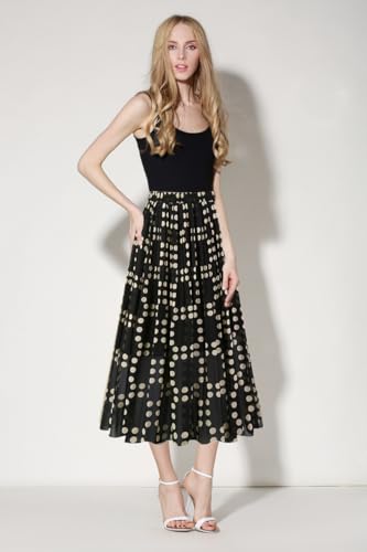 OBBUE Women's Chiffon Pleated Skirt A-line Skirts - color: Black Dot, size: X-Large