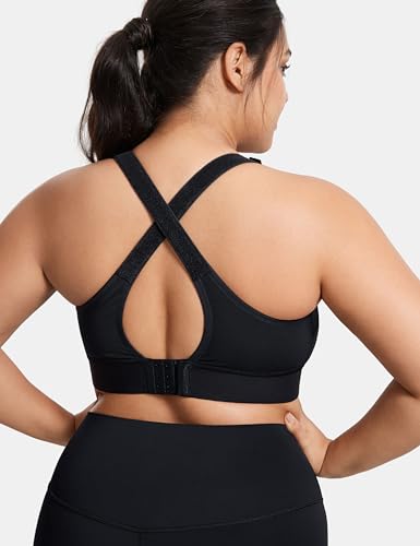 SYROKAN Zip Front Velcro Straps Sports Bra Plus Size - color: Black, size: 34DD