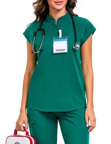 VECARDI Womens Scrub Top Zip Front Dolman Sleeves with Pockets - color: Hunter Green, size: Small
