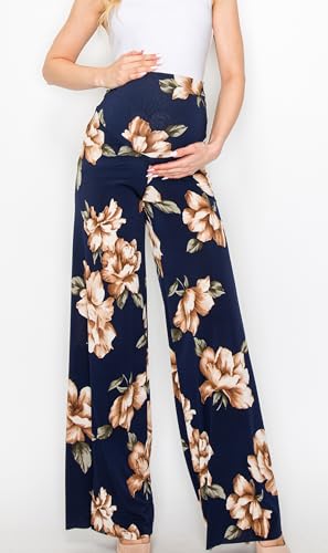 My Bump Women's Maternity Casual Bohemian Damask Palazzo Pants W/Tummy Control - color: Navy, size: Medium