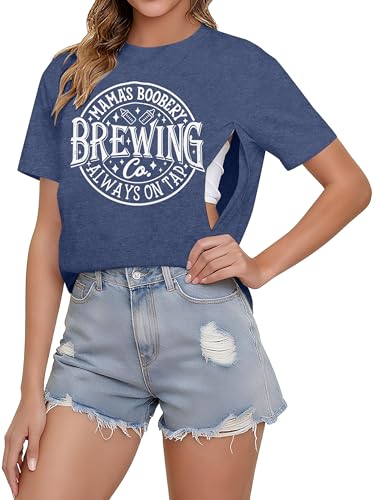 Women Nursing Shirts for Breastfeeding Friendly Zip Nursing Tops Mama Shirt - color: Blue, size: Medium