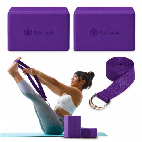 Gaiam Yoga Block - Supportive Latex-Free Eva Foam - Soft Non-Slip Surface with Beveled Edges for Yoga, Pilates, Meditation - color: Deep Purple, style: 2 Blocks w/Strap