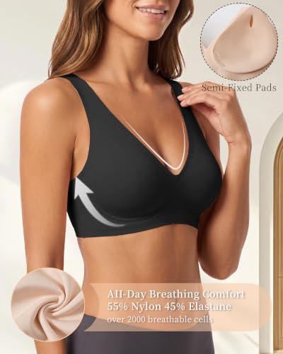 Jelly Bras for Women No Underwire - Seamless Wireless Everyday Bra with Lifting Jelly Strip Support, Sleep Bra - color: Pure Black, size: 3X-Large