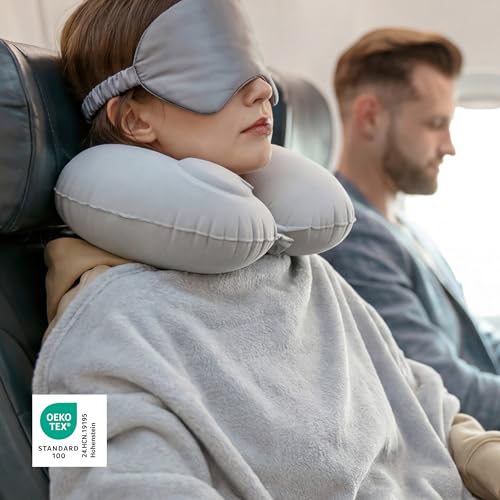 Bedsure Travel Blanket Set with Inflatable Neck Pillow and Eye Mask, Grey - color: Grey