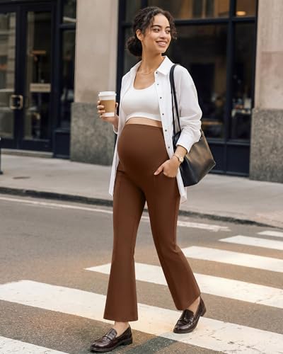 G4Free EverGoing Maternity Work Pants Pregnancy Ankle Flare Leg with Pocket - color: Dark Coffee, size: Medium