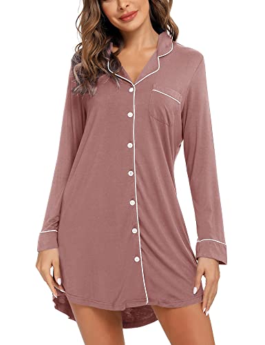 Anjue Long Sleeve Button Down Pajama Nightgowns for Women - color: 101lotus, size: Medium