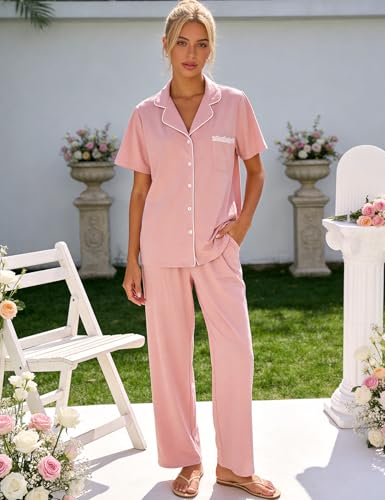 Flygo Womens Button Down Pajama Set Short Sleeve Top Long Pants Soft Loungewear Pjs Set with Pockets - color: Pink, size: Small
