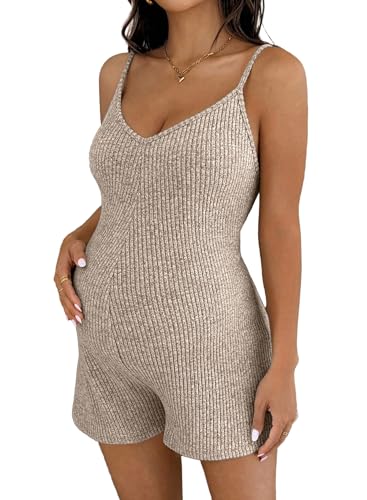 BLENCOT Maternity Ribbed Stretchy Romper V Neck One Piece Shorts Jumpsuits - color: Apricot, size: Medium