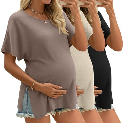 Riyiper 3 Pack Women's Maternity Tunic Cotton Shirts - color: Camel, Beige White, Black, size: Small