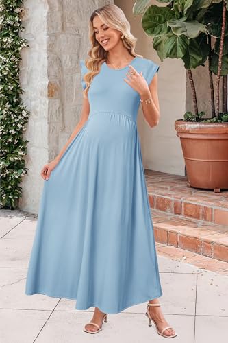 OUGES Women's Ruffle Sleeve Patchwork Maternity Maxi Dress with Pockets - color: Light Blue, size: Large