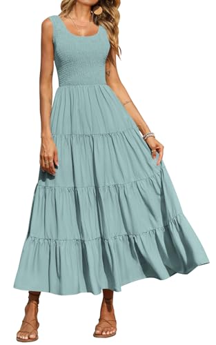 PRETTYGARDEN Women's Smocked Tank Casual Plain Maxi Sundress with Pockets - color: Aqua Green, size: Large