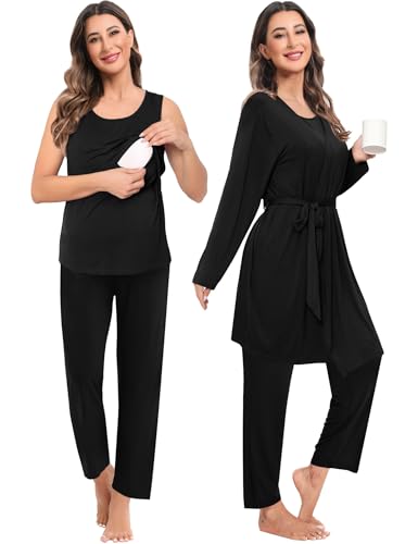 SWOMOG Maternity Nursing Robe Set 3 PCS Women Postpartum Pajamas Breastfeeding Labor Delivery Hospital Pregnancy Pjs - color: Black, size: Small