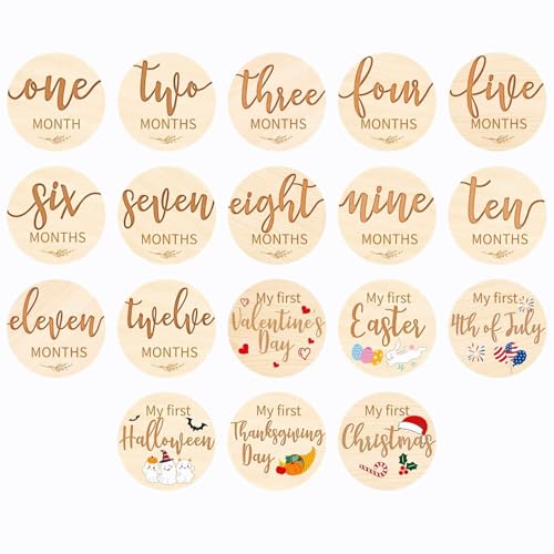 9PCS Double-Sided Wooden Baby Monthly Milestone Card Signs, 18 Designs Monthly & Holiday Photo Props, Milestone Wood Discs for Pregnancy Journey Newborn Growth Tracking Keepsakes