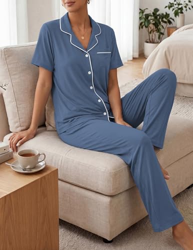 Womens Pajamas Sets 2 Piece Button Up Pj Sets Short Sleeve with Long Pant - color: Denim Blue, size: Medium