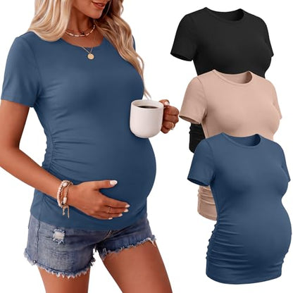 Ficerd 3 Pack Women's Maternity Side Ruched T-Shirts - color: Black, Haze Blue, Khaki, size: X-Large
