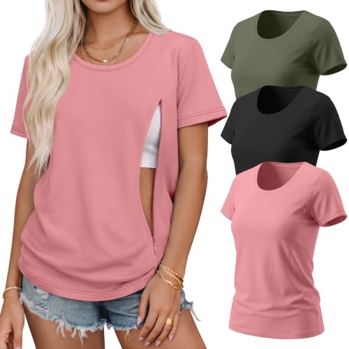 3 Pack Nursing Tops for Women - color: Dark Pink, Black, Army Green, size: Medium