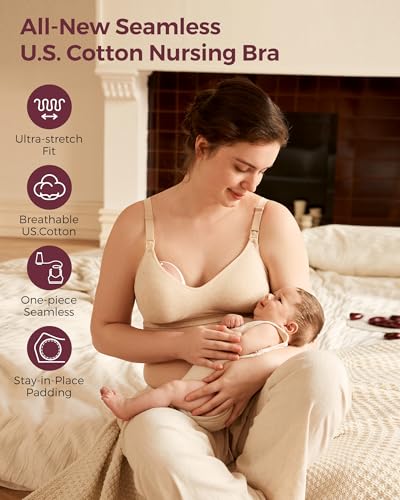 Momcozy U.S. Cotton Nursing Bras for Breastfeeding Seamless Maternity Bra - color: Warm Oatmeal, size: Medium